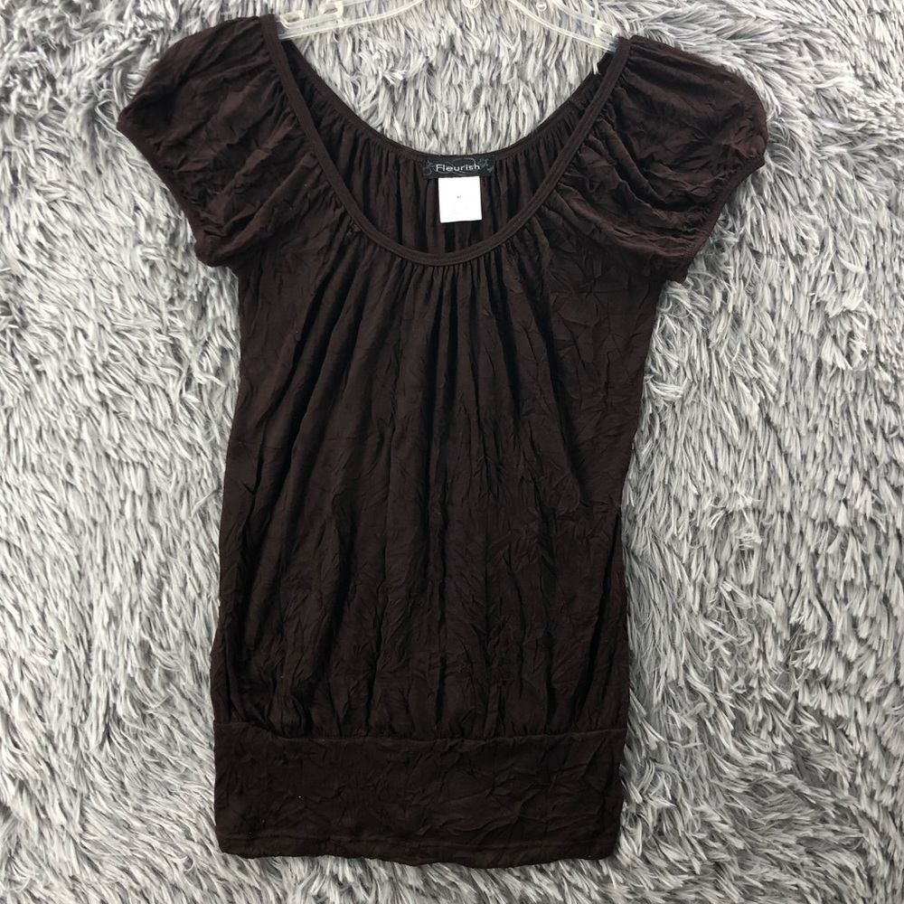 Fleurish Blouse Womens Medium Brown Crinkle Cut Cap Sleeves Fitted Waist Top